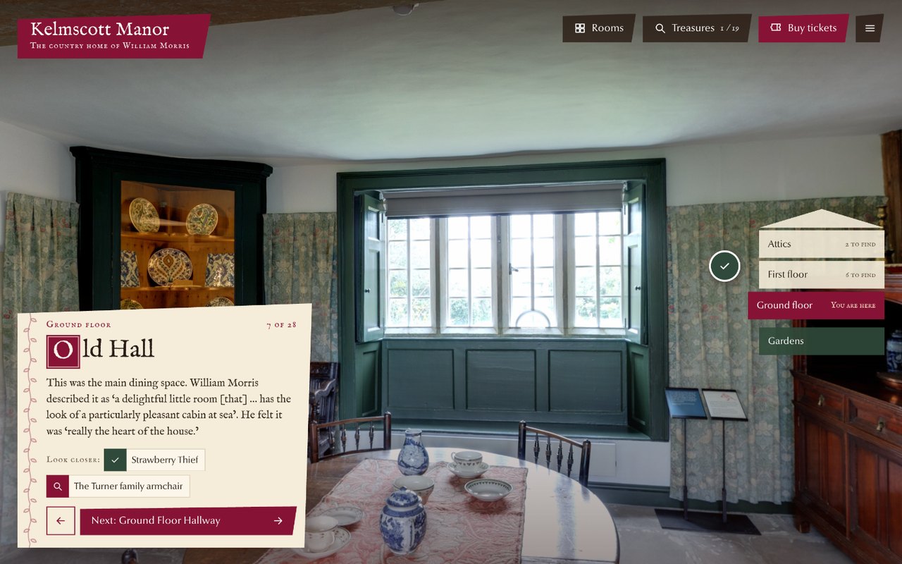Bespoke 360 virtual tour of Kelmscott Manor, with its own room cards and floor-by-floor menu