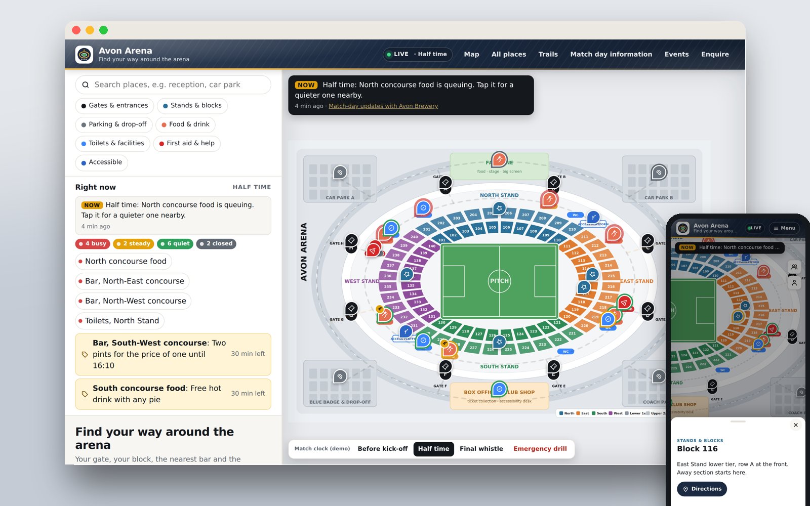 Signposted: a stadium seating plan as the visitor map, on a laptop